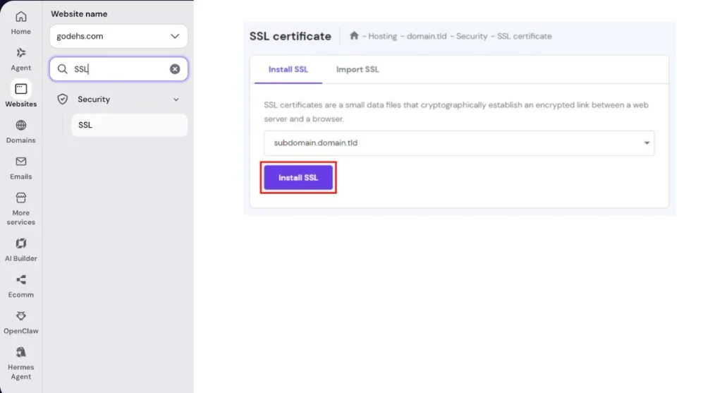 Manually deploying a free lifetime SSL certificate via the Hostinger hPanel security dashboard.