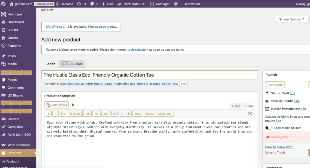 Entering a compelling title and detailed description for a new item inside the WordPress product editor dashboard.