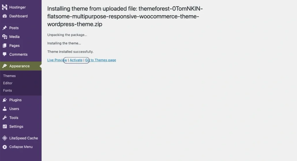 Activate Flatsome theme after successful installation
