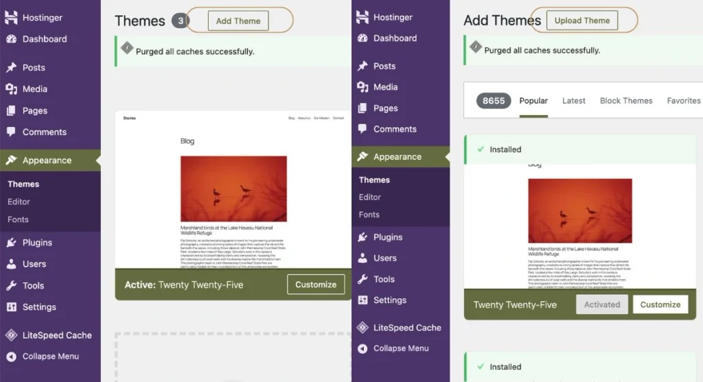 Clicking add new and upload theme at the top of the WordPress design screen.