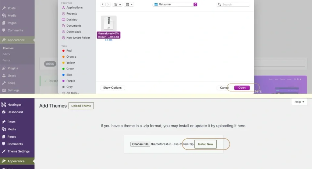 Clicking the install now button to activate the automated zip decompression tool for Flatsome.