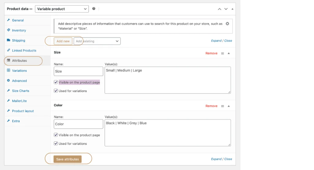Entering size attributes separated by vertical pipe bars and enabling the used for variations setting in WooCommerce.