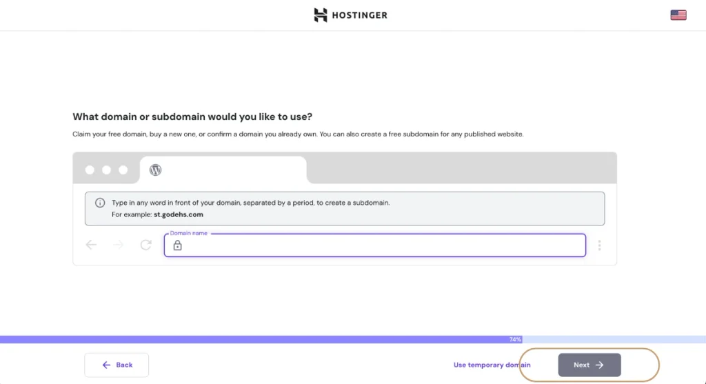 Claiming a free one-year domain credit web address inside the Hostinger setup wizard.