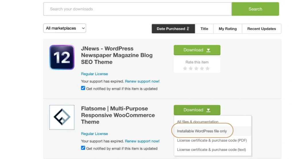 Themeforest Download pages to Download Flatsome installable files