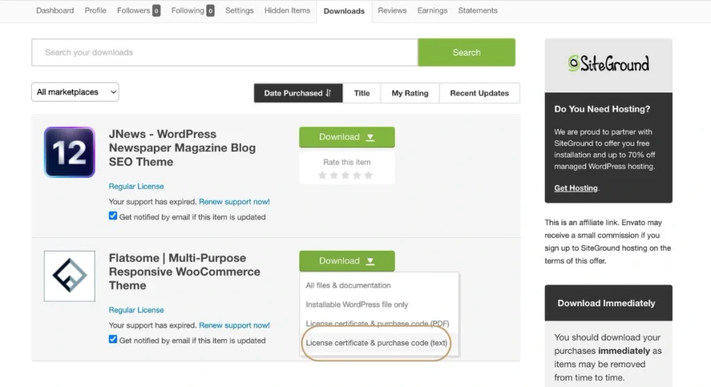 Opening the downloaded Envato text file containing the unique item purchase code for registration.