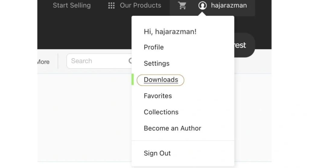 Accessing the user downloads menu on ThemeForest to download installable theme files.