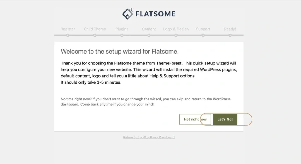 The official welcome screen of the interactive Flatsome theme setup wizard panel.