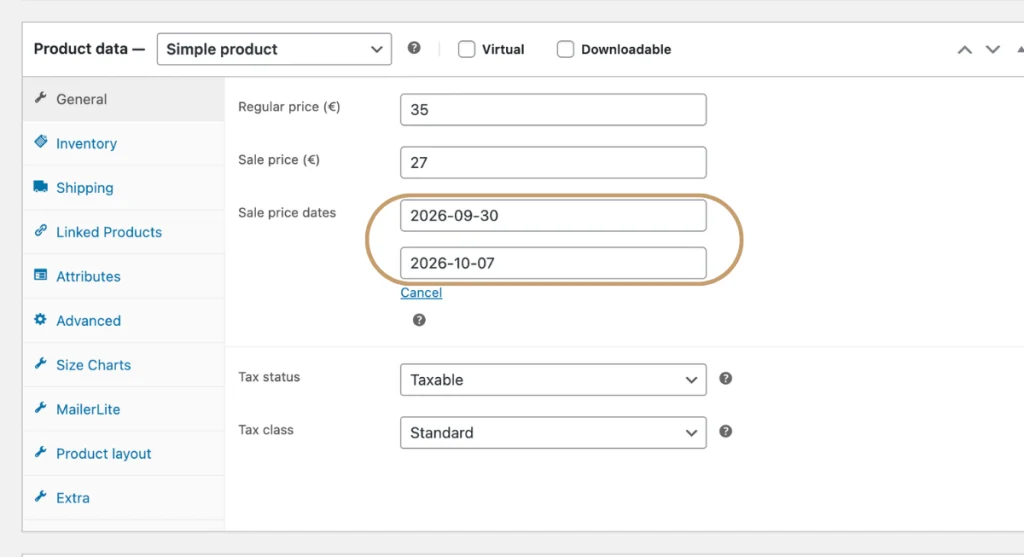 Setting up retail pricing, discount sales prices, and automated marketing schedules inside the WooCommerce general settings tab.
