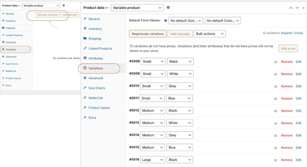 Reviewing the automatically generated variation panels for small, medium, and large sizing configurations in WordPress.