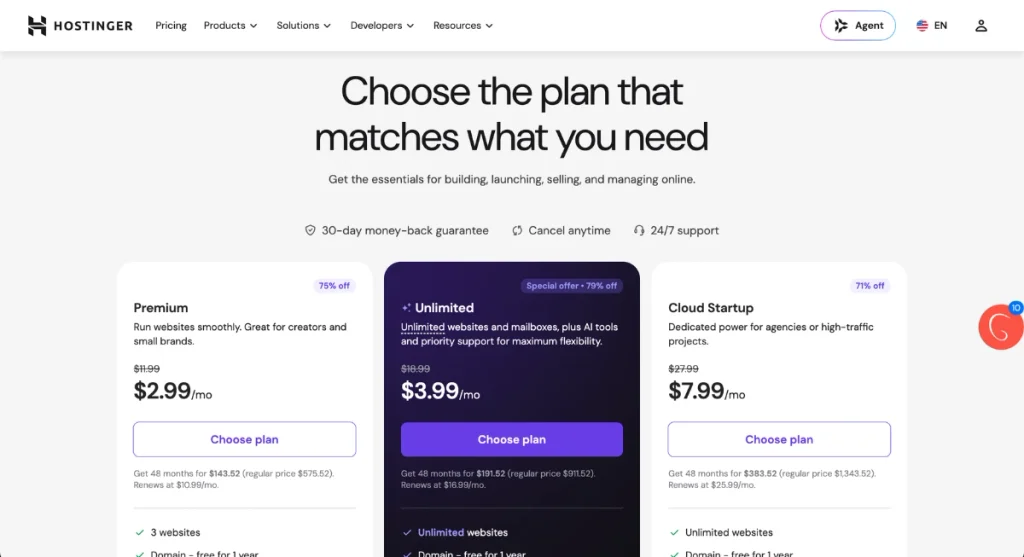 Selecting the recommended Business hosting plan inside the Hostinger setup dashboard.