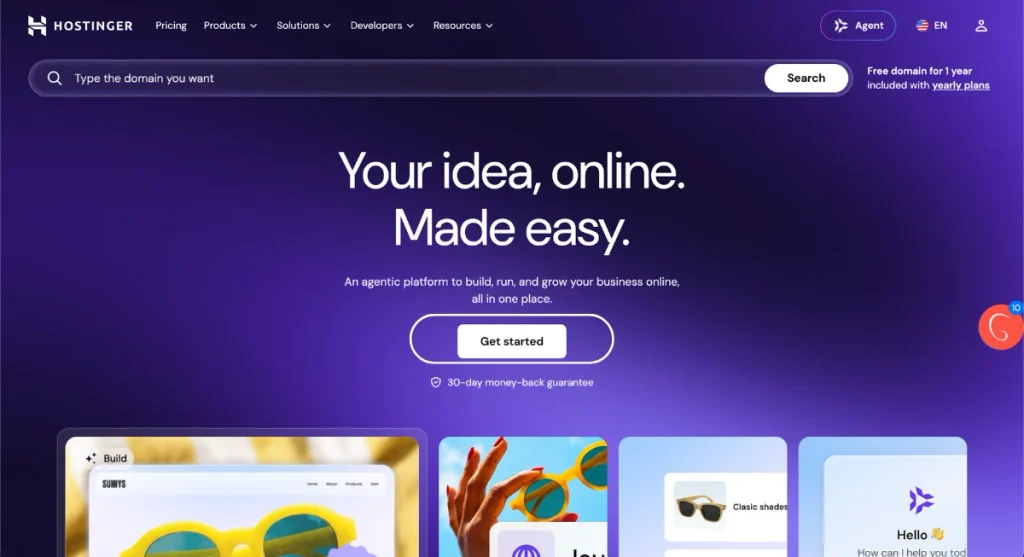 Hostinger Homepage that contains Get Started Button to start creating a woocommerce website with Hostinger Host
