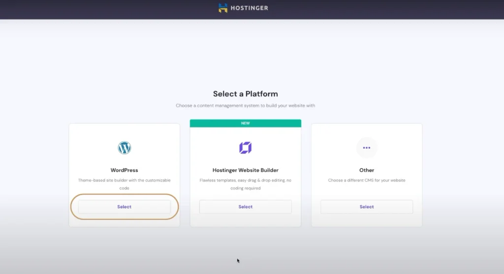 Selecting WordPress as the primary content management system platform during Hostinger onboarding.