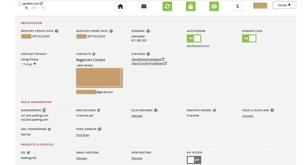 Navigating to the DNS and nameserver details panel inside Prkbun domain registrar account.