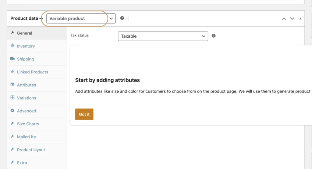 Switching the main product data dropdown menu from simple product to variable product inside the WordPress editing dashboard.