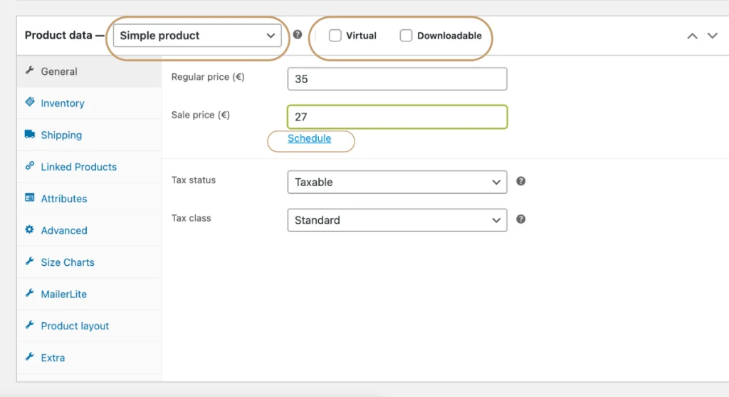 Configuring a digital product by checking the virtual and downloadable boxes next to the simple product dropdown selection menu.