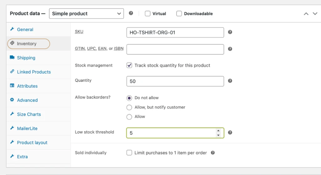 Enabling automated stock tracking management, entering a unique SKU code, and configuring low stock email alerts in WordPress.