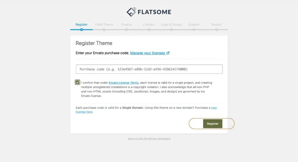 Pasting the purchase code into the theme wizard to activate automatic lifetime layout updates.