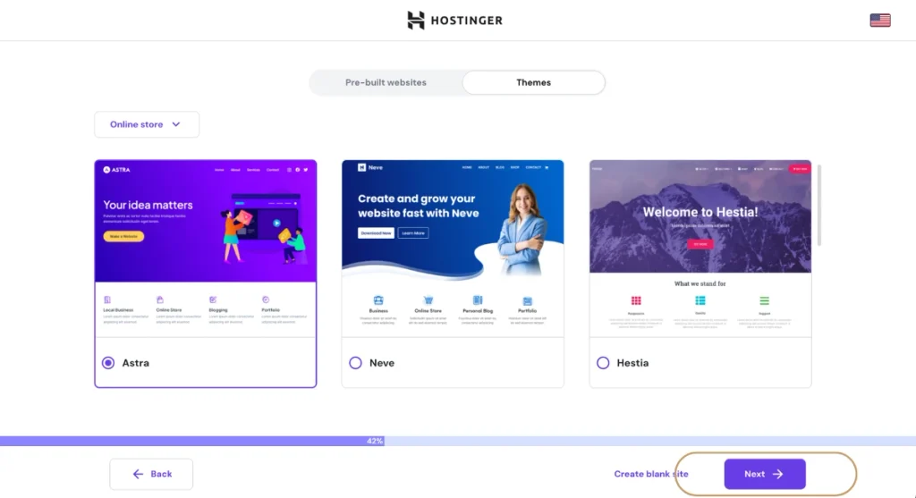 Choosing a temporary starter design theme before installing the premium Flatsome WooCommerce layout.