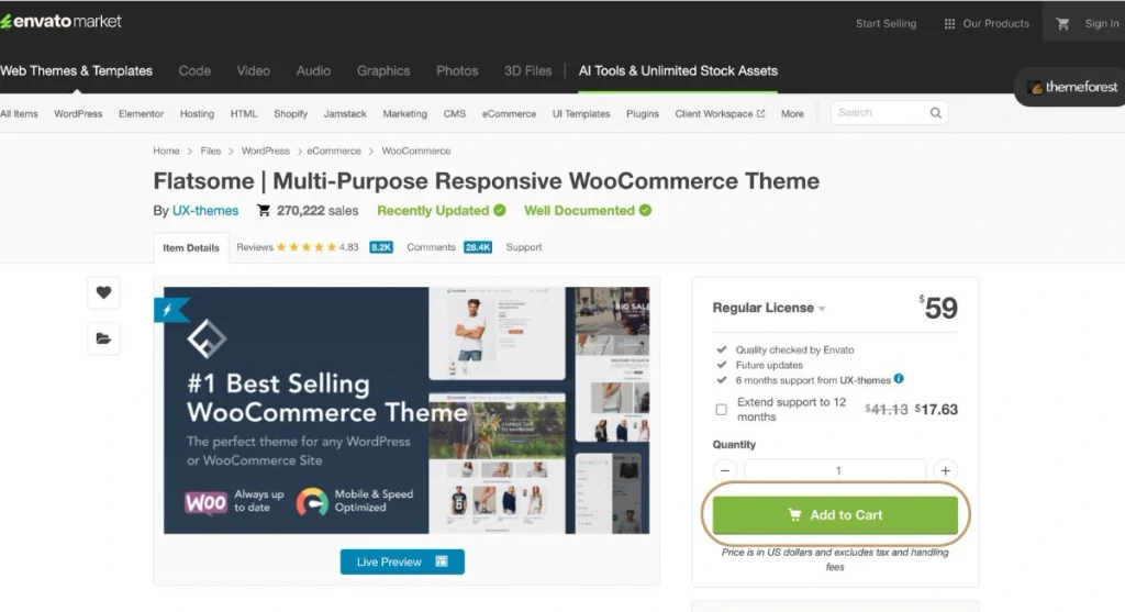Purchasing the premium Flatsome multi-purpose responsive WooCommerce theme license on ThemeForest.