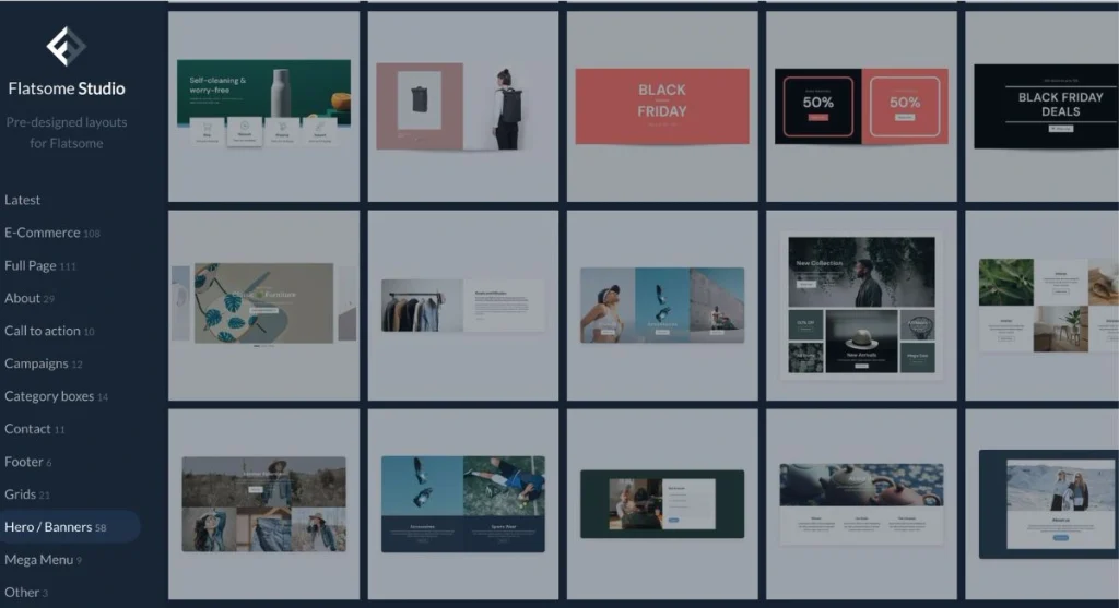 Flatsome Studio with pre-made, ready to use banners, to start designing an E-commerce website