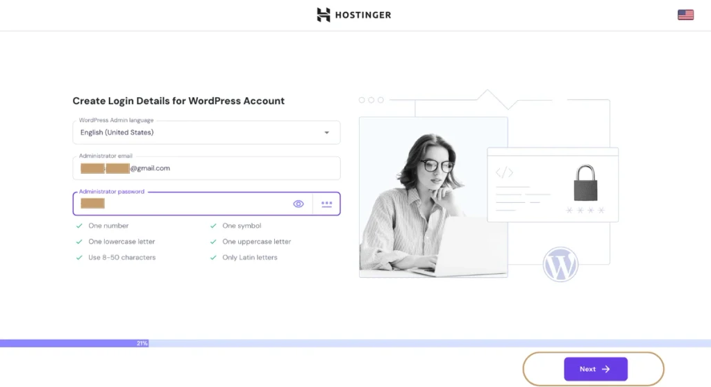 Configuring secure administrator login credentials and strong passwords for the WordPress dashboard setup.