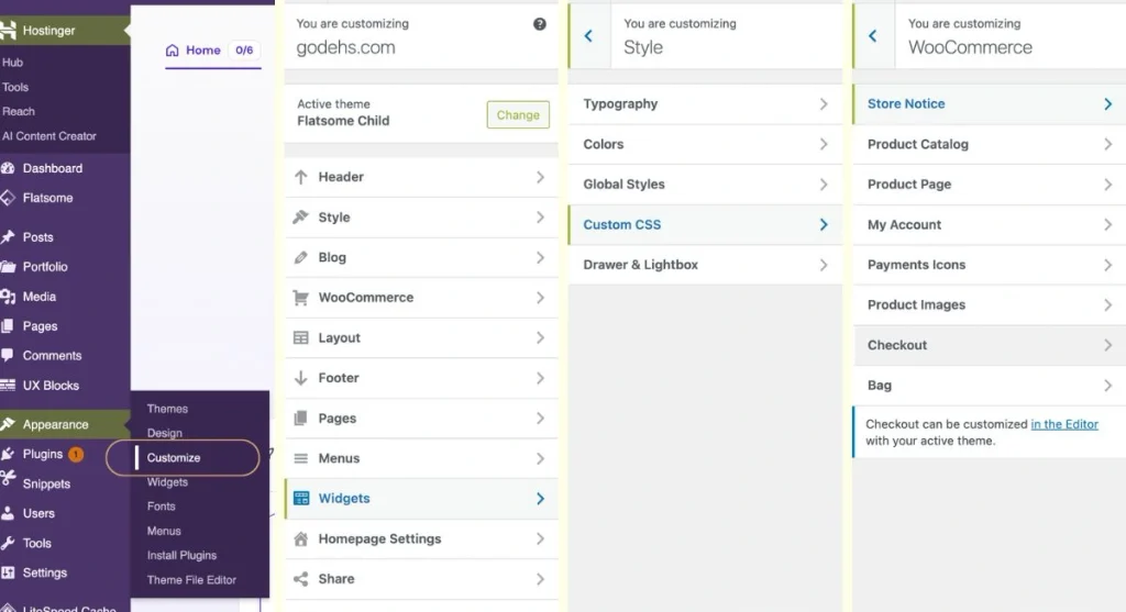 Molding visual style elements, headers, Woocommerce customisation, and color options inside the visual WordPress Customizer panel.