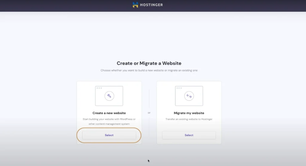 Choosing the option to create a brand new website from scratch inside Hostinger hPanel.